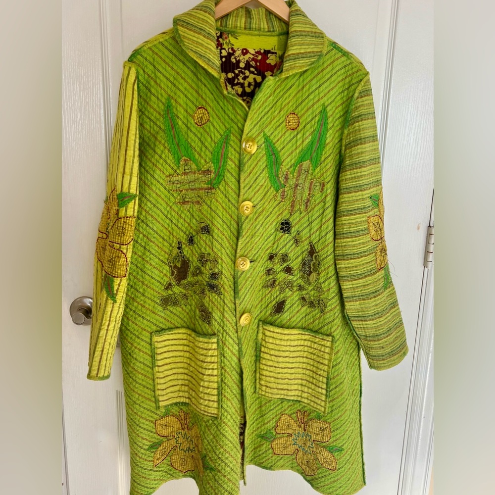 Rare Spring coat, Reversible, shades of green,yellow, burgundy - a show stopper!